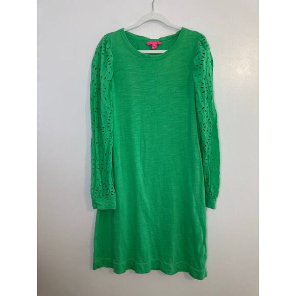 Lilly Pulitzer Womens Jasona Eyelet Long Sleeve Cabana Green Shift Dress Large - Picture 2 of 7